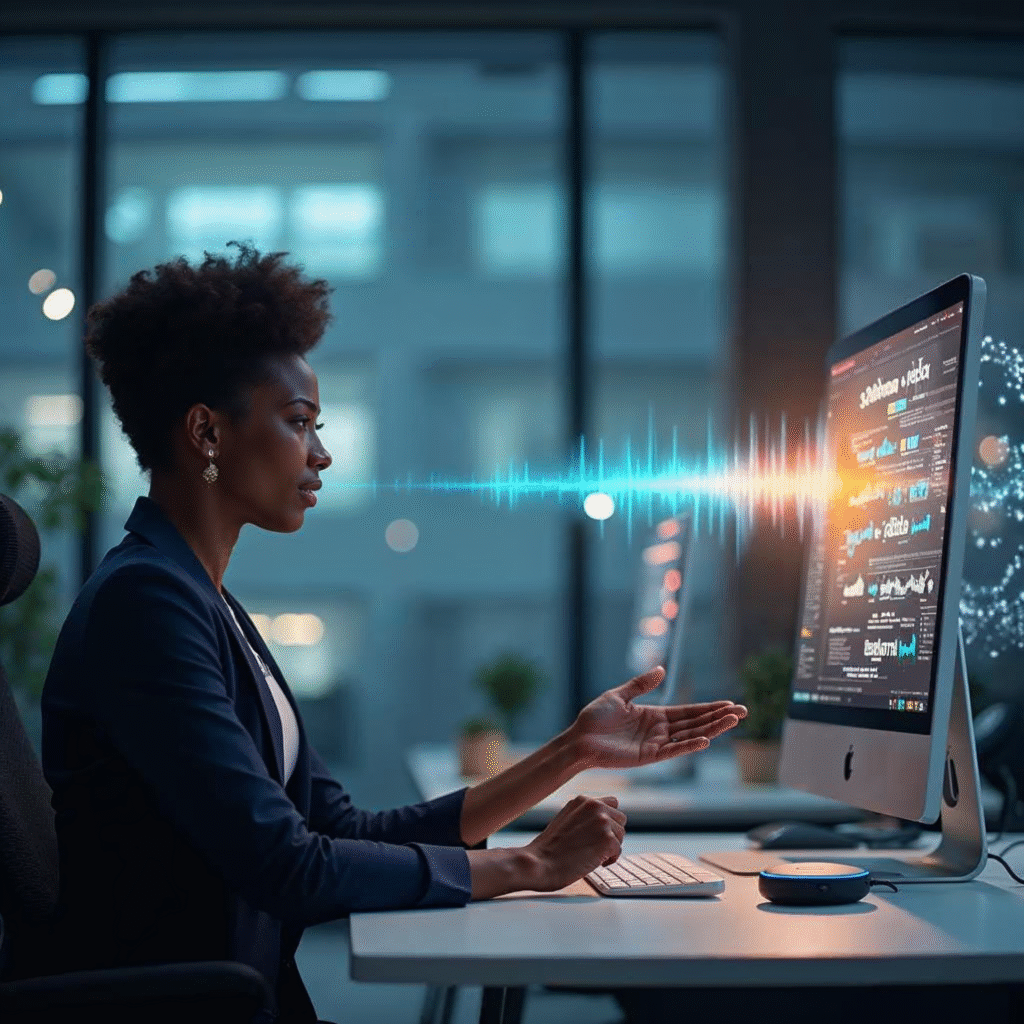 A futuristic office scene featuring a diverse professional speaking naturally to a sleek smart speaker device, with glowing voice wave graphics subtly integrated into a modern, softly lit workspace to evoke the rise of voice search in SEO optimization.