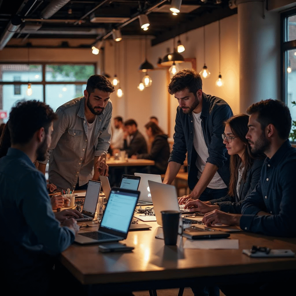 A diverse group of young Hispanic entrepreneurs collaborating intently around a modern workspace filled with laptops and tech gadgets, bathed in warm, cinematic lighting that highlights innovation and teamwork in a dynamic startup environment.