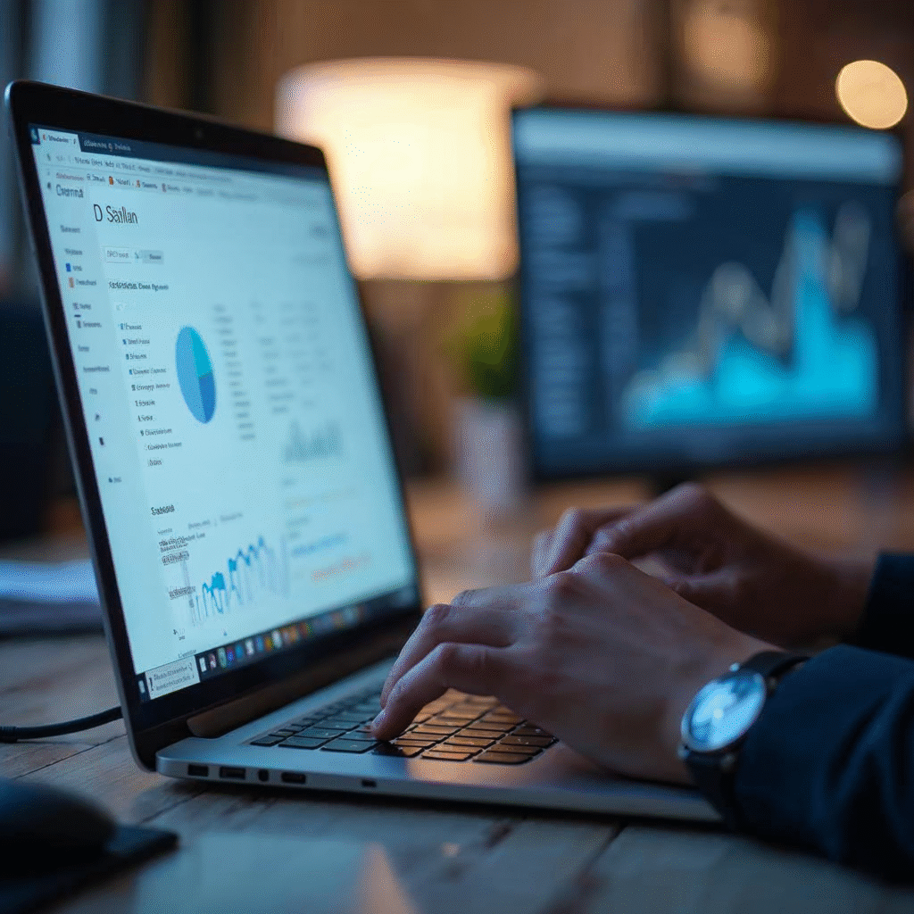 A focused close-up of a professional analyzing website data on a sleek laptop screen, with visible browser tabs and analytics graphs softly blurred in the background, set in a modern, well-lit workspace conveying the precision and strategy behind effective on-page SEO.