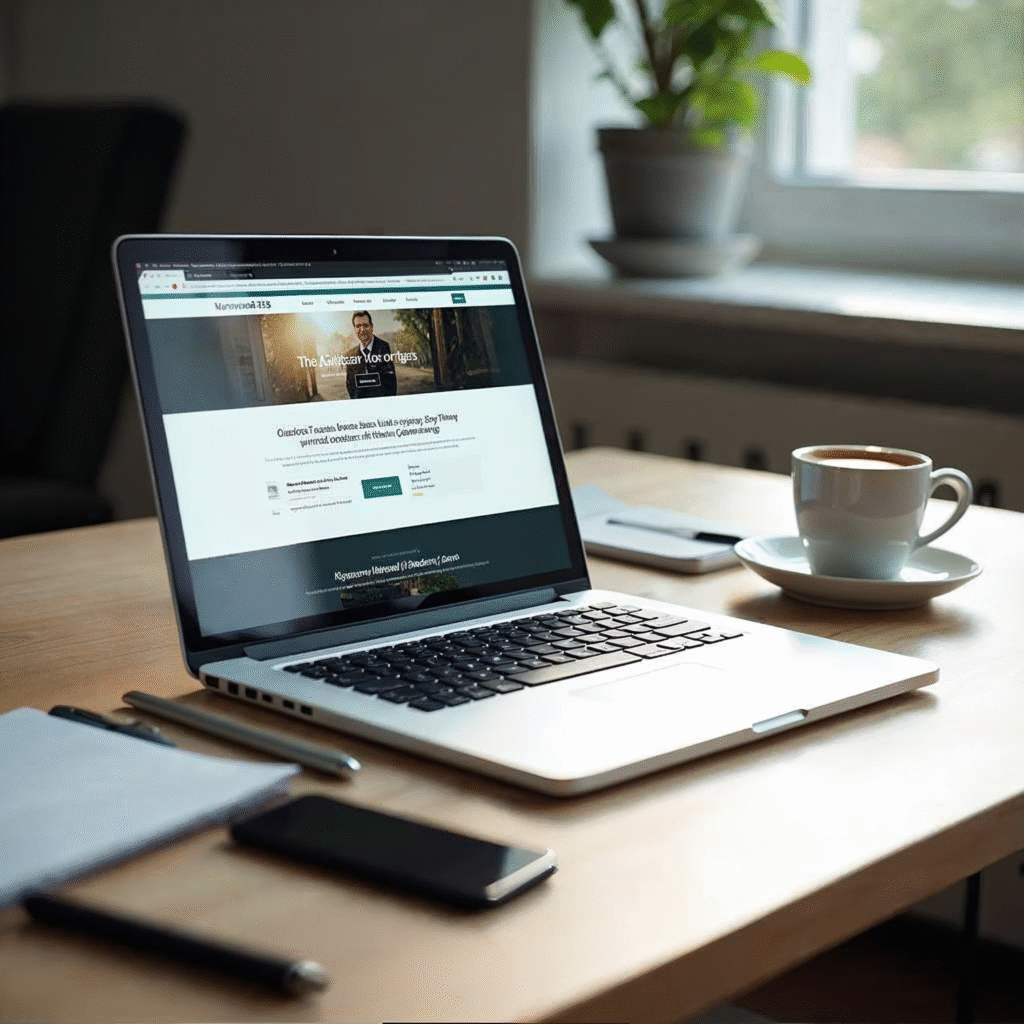 A focused shot of a professional workspace with a laptop displaying a clean website layout, surrounded by notes, a smartphone, and a cup of coffee, lit by natural light to evoke modern digital marketing and on-page SEO optimization.