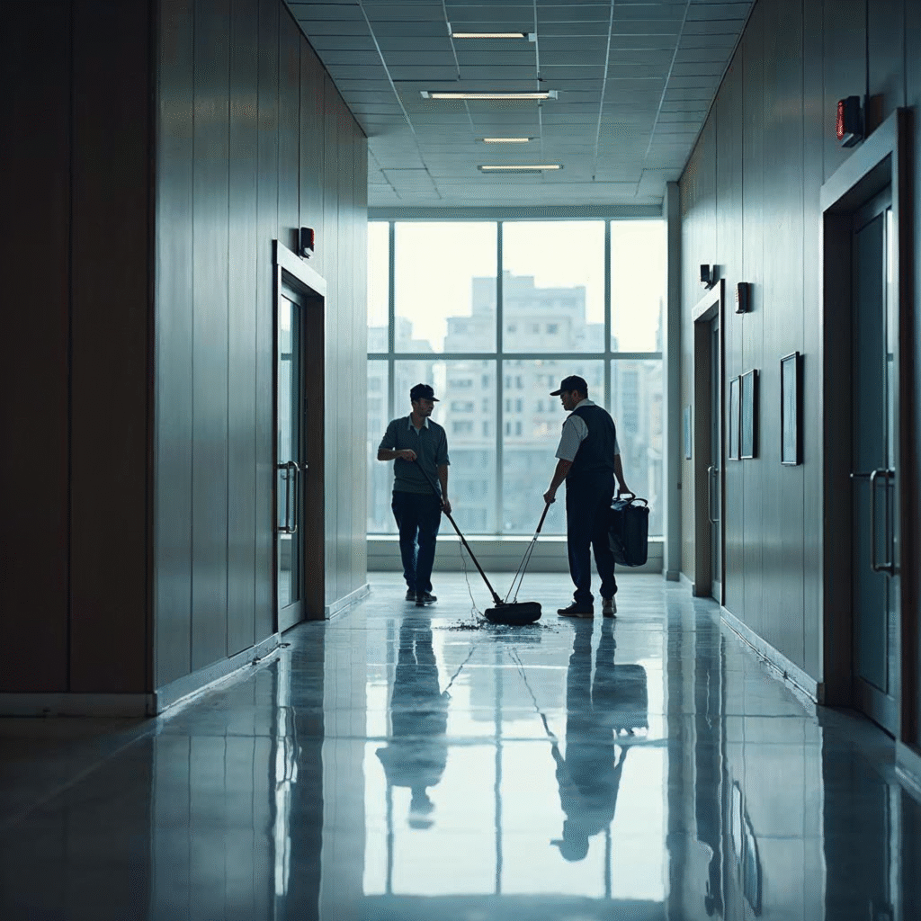 A cinematic editorial photo of a modern Frankfurt office lobby being professionally cleaned by attentive staff in uniform, highlighting cleanliness and corporate care within a bustling urban business environment.