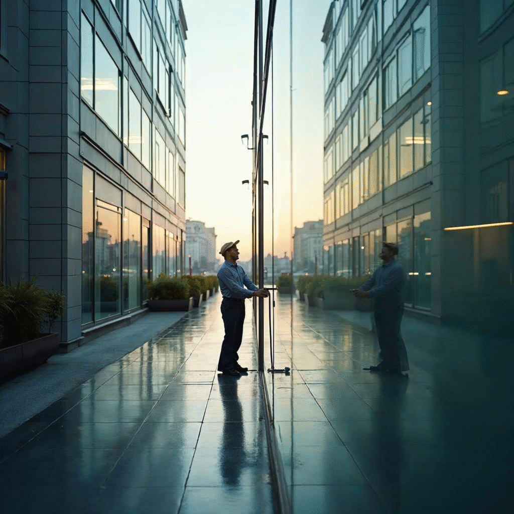 A cinematic, high-angle shot of a modern Frankfurt office building exterior in soft morning light, with subtle reflections on glass facades suggesting busy companies inside, while a lone, out-of-focus cleaning worker in uniform tends to the building exterior in the foreground, conveying the overlooked challenge of choosing the right cleaning service.