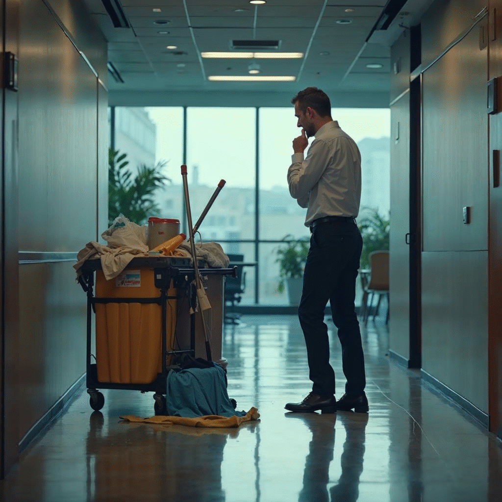 A cinematic editorial photo of a frustrated office manager in a modern Frankfurt office building, looking thoughtfully at a messy, cluttered janitorial cart with cleaning supplies scattered around, hinting at poor-quality commercial cleaning services impacting business efficiency and employee satisfaction.