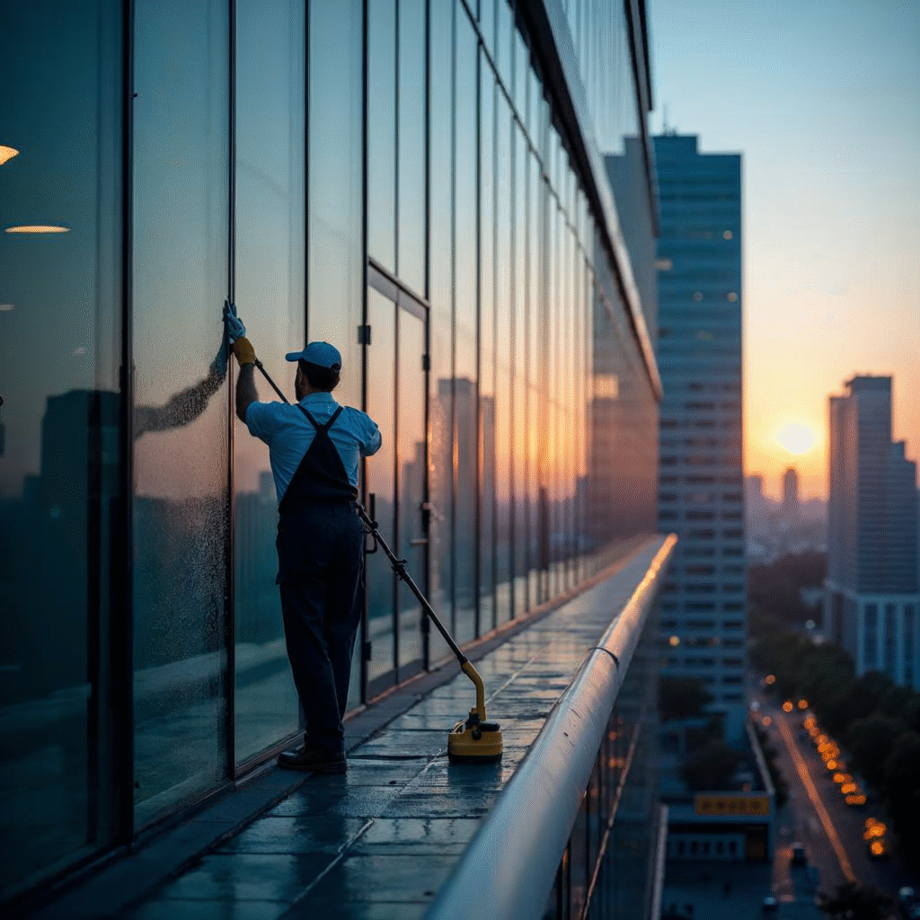 A cinematic editorial photo showing a modern Frankfurt office building’s sleek glass facade reflecting the city skyline at dusk, with a focused view of a professional cleaner in uniform using eco-friendly equipment to meticulously clean large windows, conveying the importance of choosing the right commercial cleaning service.