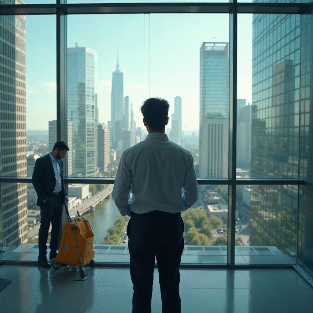 A cinematic editorial photograph of a frustrated office manager overlooking a large Frankfurt cityscape with gleaming skyscrapers, while a janitor in the foreground cleans unevenly, illustrating poor cleaning service choices impacting modern business environments.