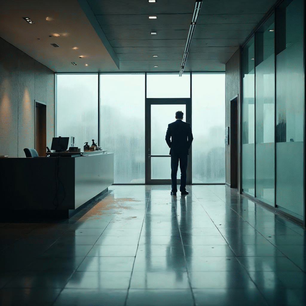 A cinematic, editorial-style image of a modern Frankfurt office building’s lobby showing subtle signs of neglect—a dusty reception desk, smudged glass doors, and a frustrated businessperson inspecting the untidy environment—capturing the silent struggle of companies dealing with unreliable cleaning services.