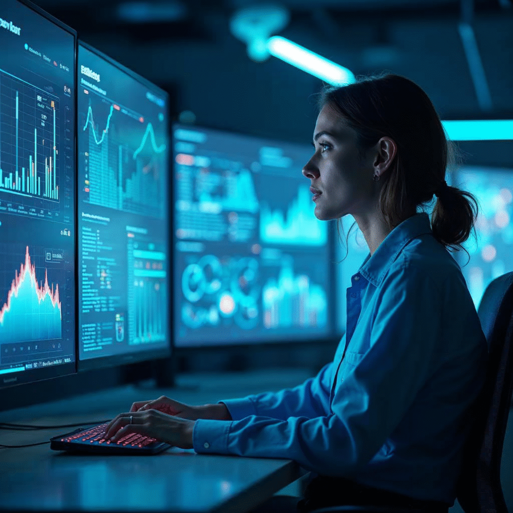 A focused digital marketing professional analyzing futuristic data visualizations and AI-powered SEO tools on multiple transparent screens in a sleek, modern workspace with ambient blue lighting, capturing the dynamic evolution of SEO strategies and emerging technologies