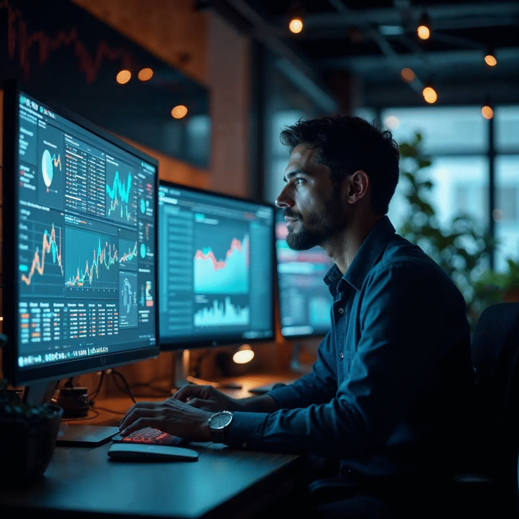 A sleek, modern workspace featuring a focused entrepreneur analyzing data and charts on multiple high-resolution screens with futuristic AI and voice search visualizations subtly reflected, captured in warm cinematic lighting to evoke innovation and the dynamic future of SEO in the tech startup community.