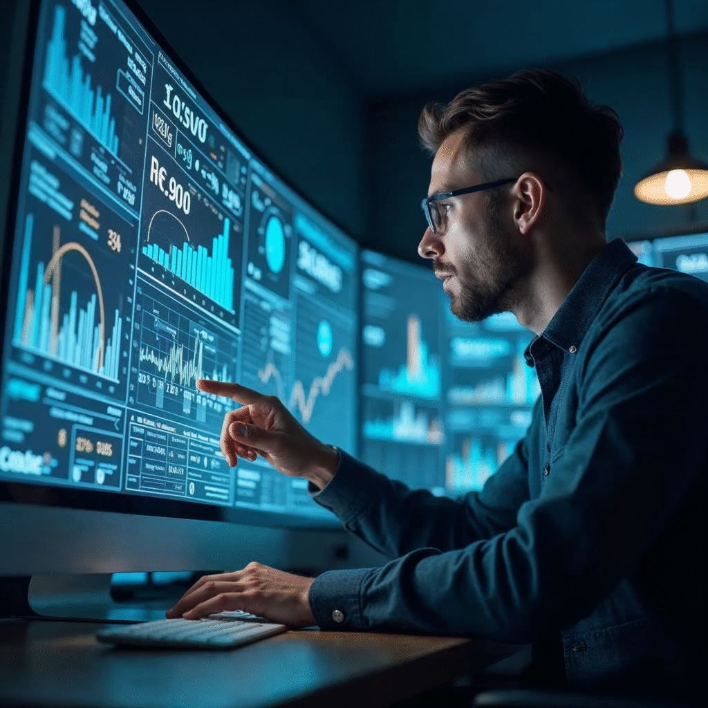 A focused digital marketing professional analyzing website performance on multiple transparent screen overlays filled with SEO metrics and keyword data in a sleek modern office environment with cinematic lighting.