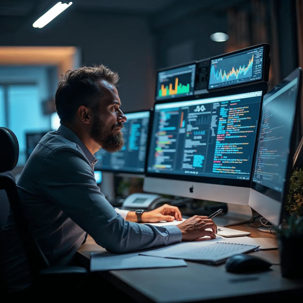 A focused professional working intently at a sleek desk with multiple screens displaying website analytics and code snippets, surrounded by notes and SEO strategy documents, in a modern, well-lit office environment with a cinematic, editorial atmosphere.